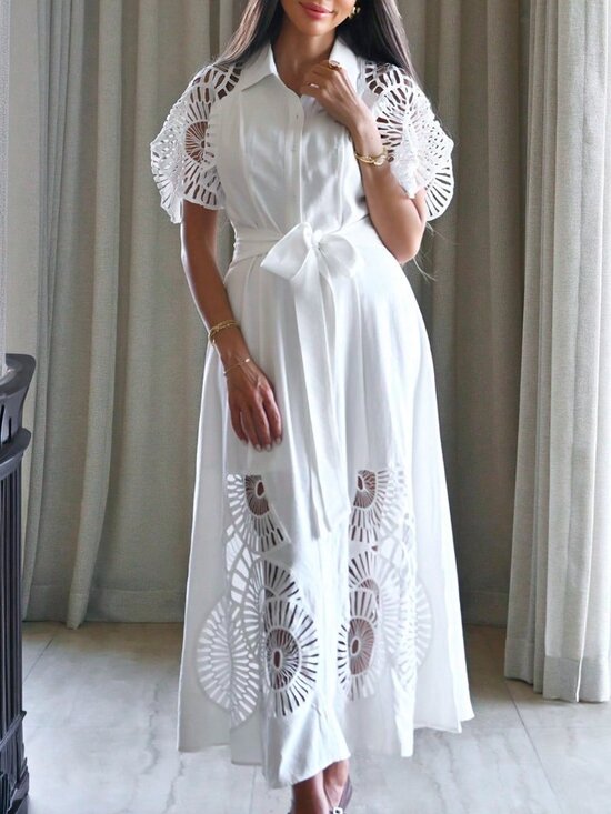 MODA ME COUTURE Dresses & Skirts - White Elegant Women's Puff Sleeve Single Breasted Hollow Splice Dress